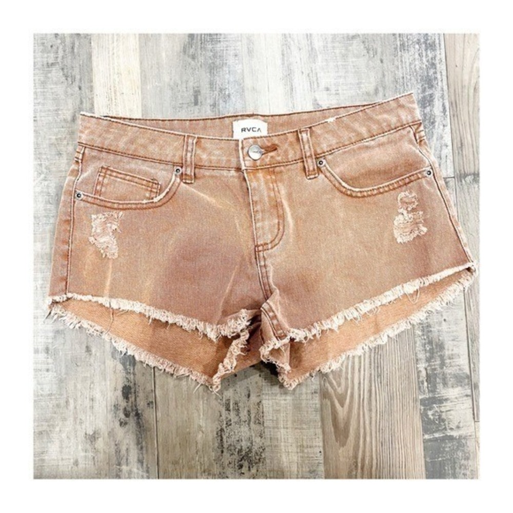 RVCA Womens Distressed Cut Off Denim Shorts Terracotta Orange Frayed Hem Size 27